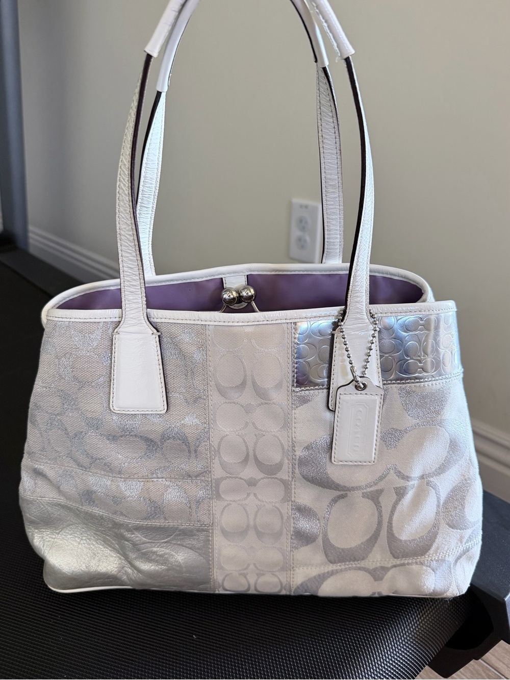 Coach Kisslock Metallic Silver-White PatchworkSignature Tote with Lilac Interior
